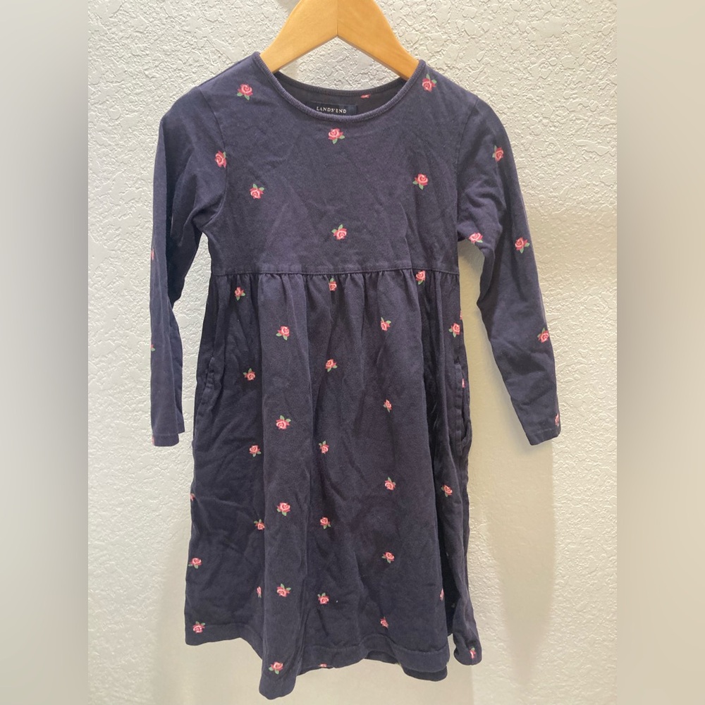Navy Blue Kids Dress with Pink Floral Accents